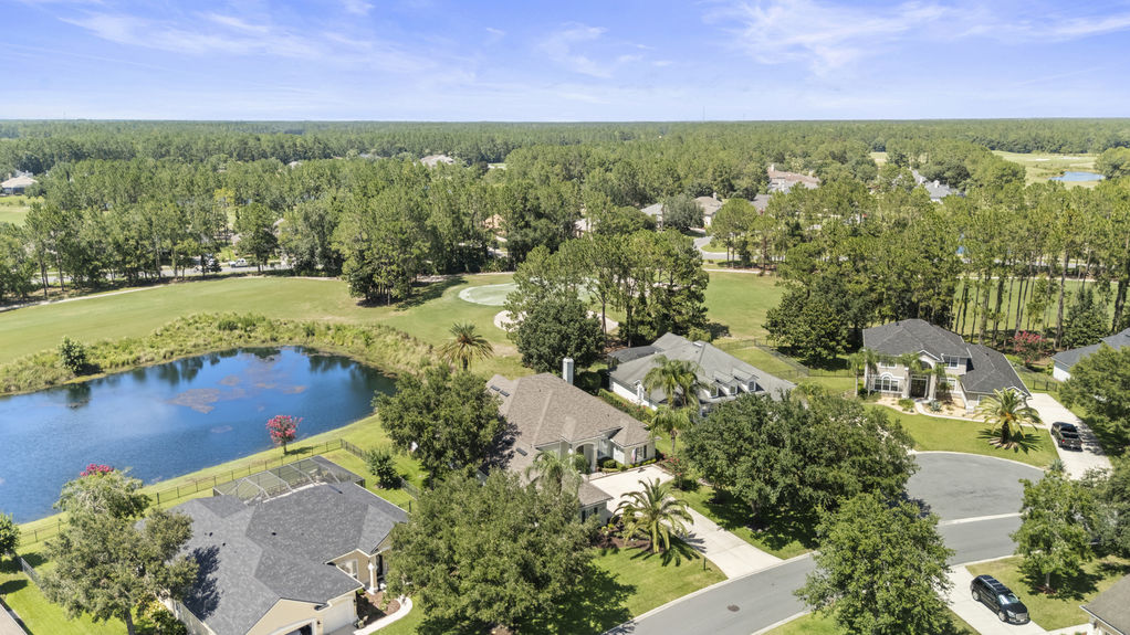 Neighborhood with golf course, water feature, and homes surrounded by trees in Florida