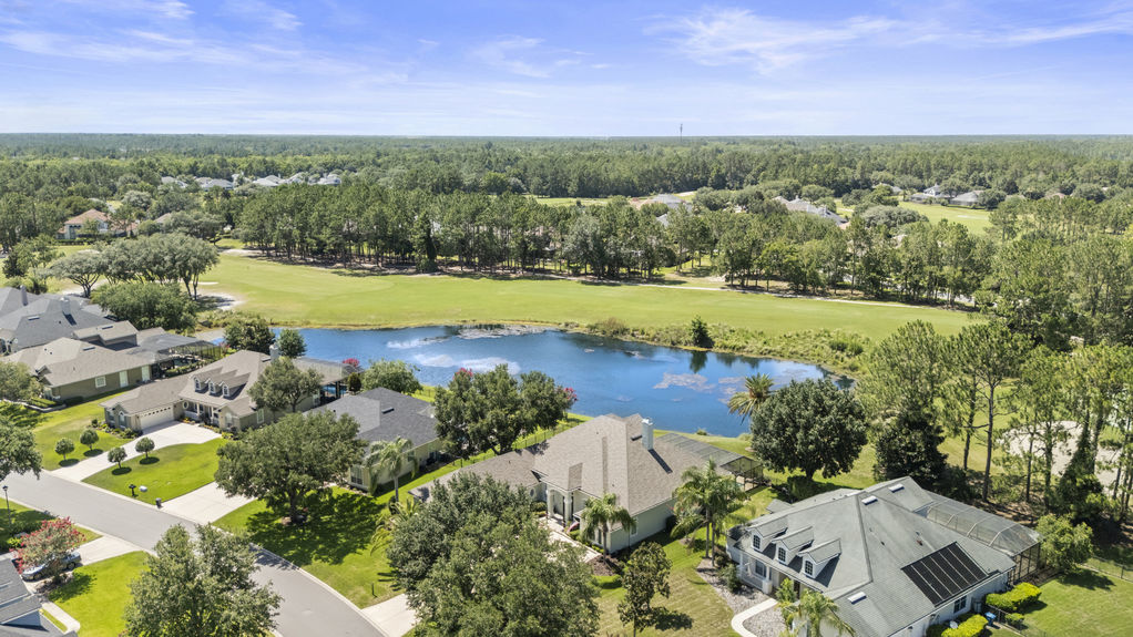 Neighborhood with golf course, water feature, and homes surrounded by trees in Florida
