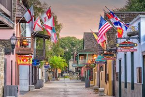 Tree-lined historic street in St. Augustine Florida showing charming residential architecture