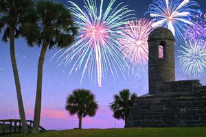 Spectacular fireworks display over historic Castillo de San Marcos fort in St. Augustine Florida during 4th of July celebration