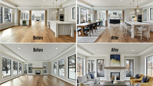 Side-by-side of the same living room staged and unstaged in a St. Augustine coastal home.