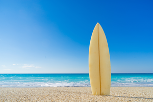 A surfboard upright in the sand with turquoise ocean and clear blue sky in the background on a sunny day in St. Augustine, Florida