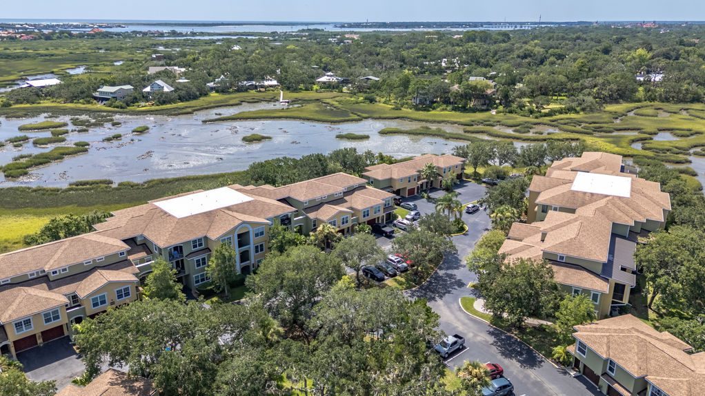 Aerial view of Las Palmas condo with unobstructed marsh views in St. Augustine