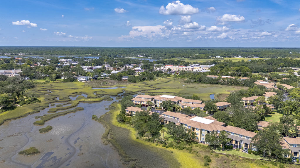 Aerial view of Las Palmas condo with unobstructed marsh views in St. Augustine