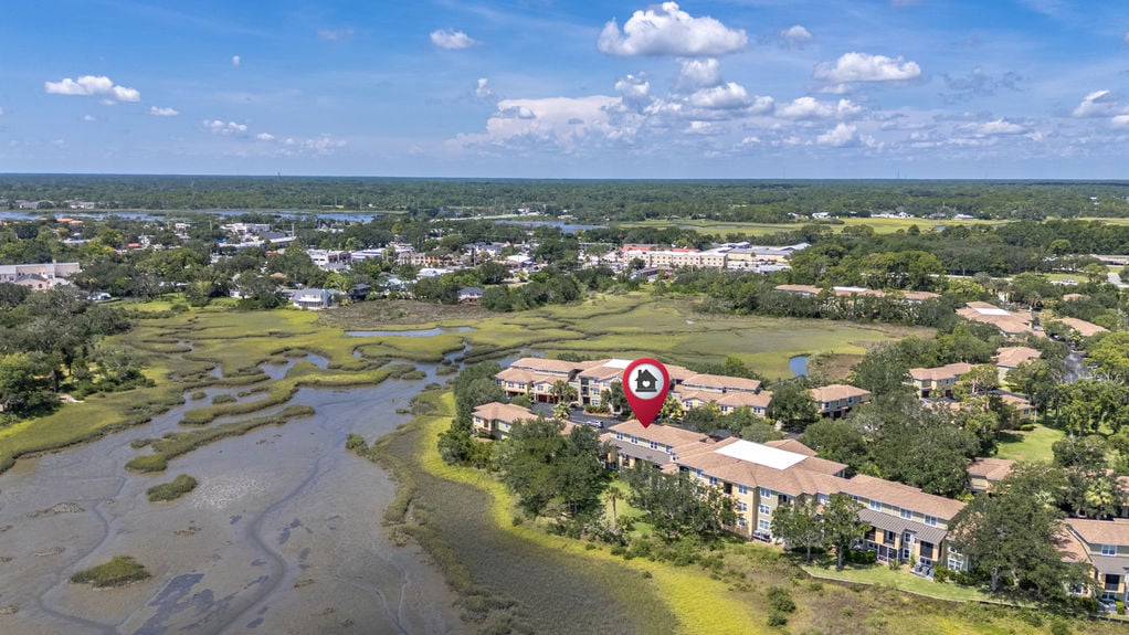 Aerial view of Las Palmas condo with unobstructed marsh views in St. Augustine