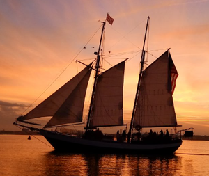 Silhouette of the Schooner Freedom sailing at sunset during a full moon tour in St. Augustine, Florida.