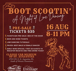 Promotional poster for Boot Scootin’ line dancing event at the Classic Car Museum in St. Augustine, Florida.