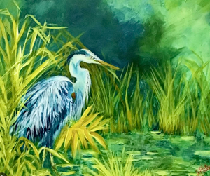 Painting of a heron in lush green marshland by artist Sandra Fitzsimmons, featured at First Coast Cultural Center in Ponte Vedra Beach.