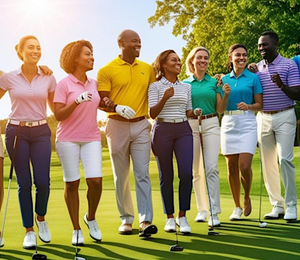 Group of golfers smiling and walking together at the Northside Community Involvement 19th Annual Golf Tournament at Slammer & Squire Golf Course in St. Augustine, Florida.