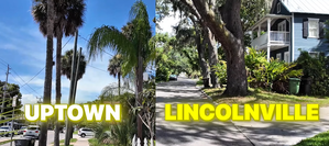 Side-by-side view of Uptown and Lincolnville neighborhoods in St. Augustine, Florida, showing palm trees, historic homes, and tree-lined streets.