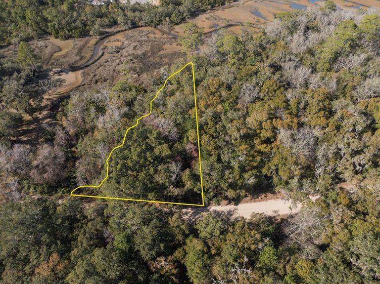Drone photo with a yellow boundary outline showing a triangular wooded lot with extensive frontage along Pine Island Road in Ponte Vedra.