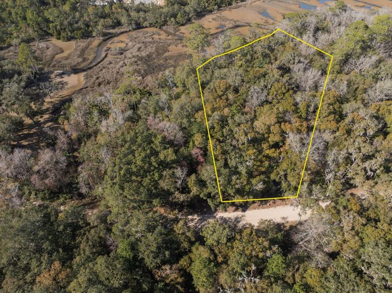 Top-down aerial with a yellow outline defining the property borders, highlighting the wide rear section of the lot that faces the marsh.