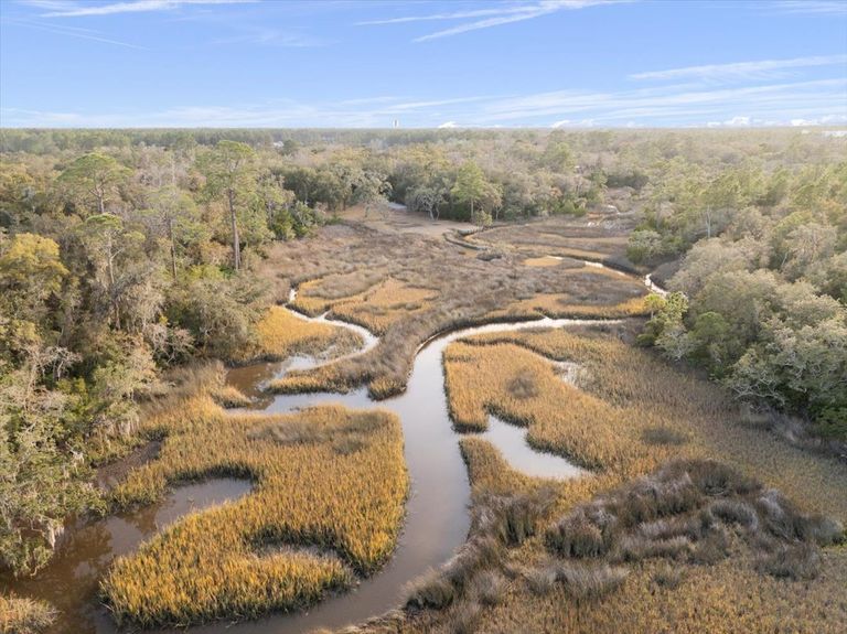 Aerial view looking down a winding tidal creek surrounded by marsh grass and maritime forest, highlighting the intricate waterways near the property.