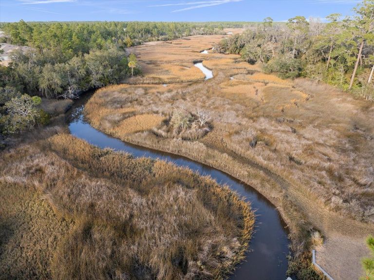 Low-altitude drone shot following a deep, winding creek channel through the marsh, bordered by tall grasses and the wooded edge of the estate lot.