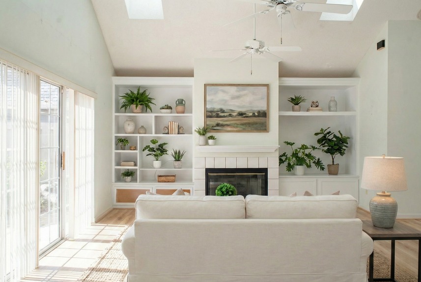 Spacious living room at 364 Village Dr with vaulted ceilings, skylights, white tile fireplace, and built-in shelving overlooking marsh views in Villages of Vilano.