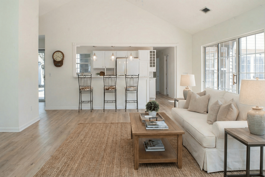 A view of the open-concept living room at 364 Village Dr, St. Augustine, featuring vaulted ceilings, a kitchen breakfast bar with seating, and sliding glass doors leading to a private patio in the Villages of Vilano community.