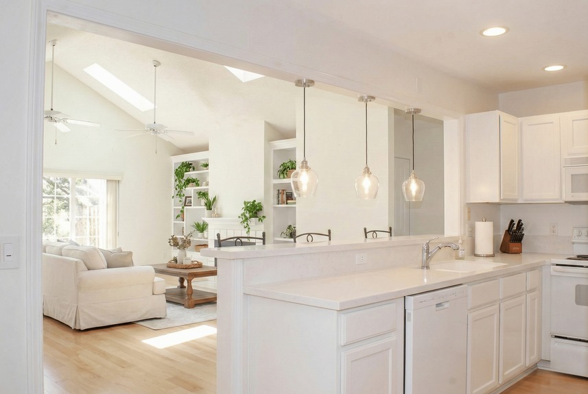 View from the kitchen sink at 364 Village Dr overlooking the living room toward the marsh views, highlighted by natural light from skylights