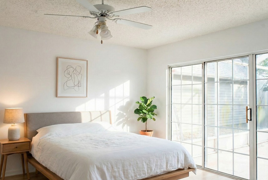 A bedroom at 364 Village Dr with sliding glass doors opening to a private screened patio in the Villages of Vilano gated community