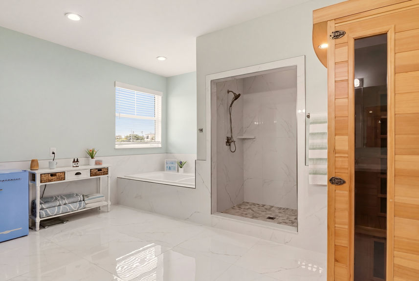 Spa-like master bathroom at 5900 Costanero Road showcasing a large walk-in marble shower, a soaking tub, and an indoor wooden sauna.