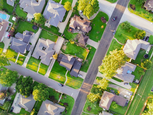 An aerial view of a neighborhood.