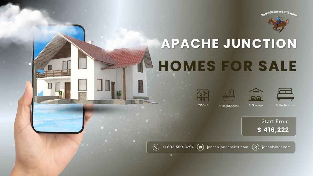 Apache Junction homes for sale ad showing modern house, 5 bedrooms, 4 baths, 2-car garage, starting at $416,222