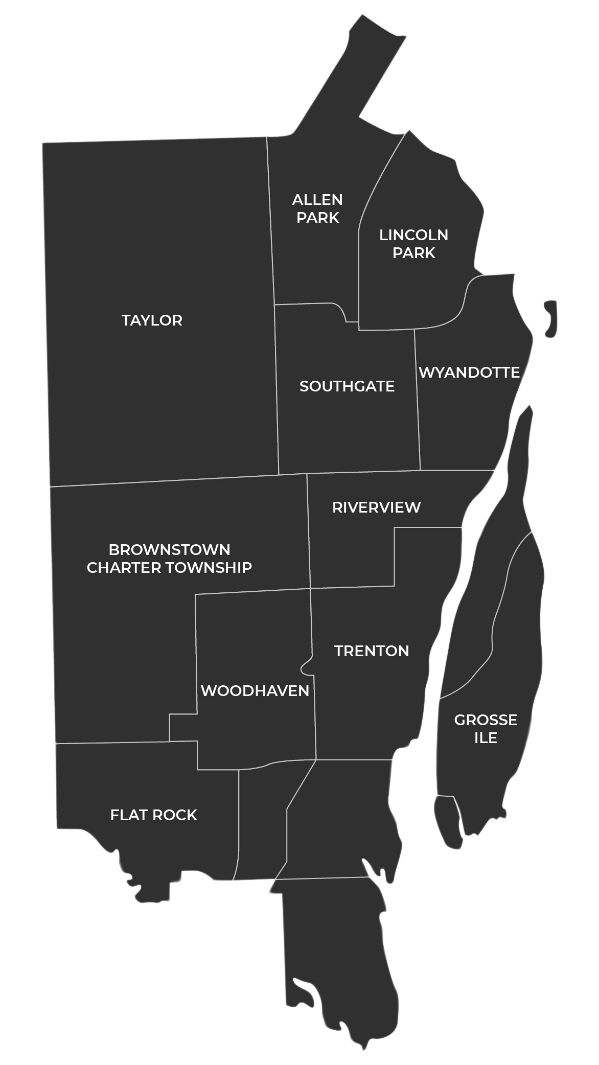 Map of Downriver Michigan cities including Trenton, Wyandotte, Riverview, Southgate, Woodhaven, and Allen Park
