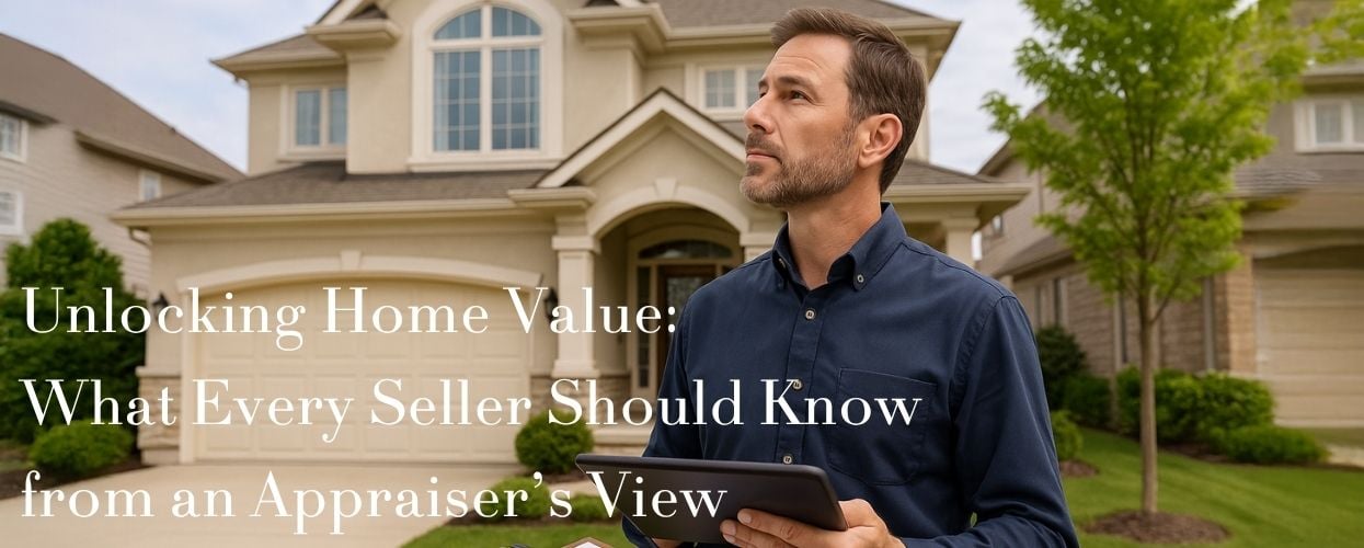Appraiser evaluating home value with tablet in front of suburban house, offering seller insights on home appraisal.