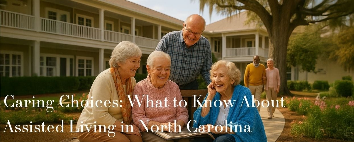 Smiling seniors enjoying time together outdoors at an assisted living community in North Carolina.