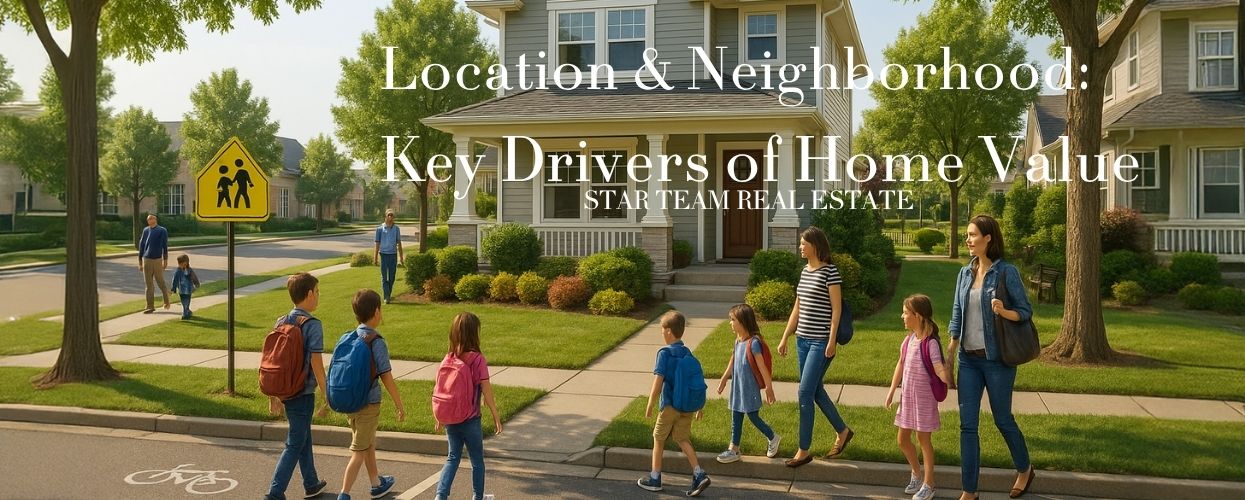 Families walking to school in a suburban neighborhood, highlighting how location and community impact home value.