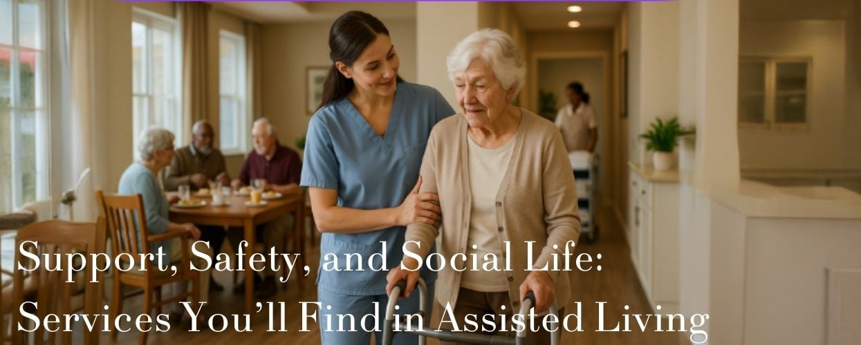 Caregiver assisting elderly woman with walker in a warm assisted living facility, showing support and social engagement.