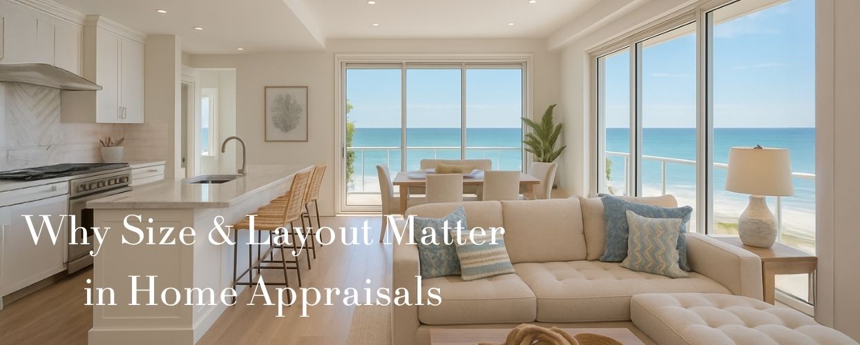 Open-concept beachfront home showcasing spacious layout and natural light, emphasizing size and usable space in appraisals.