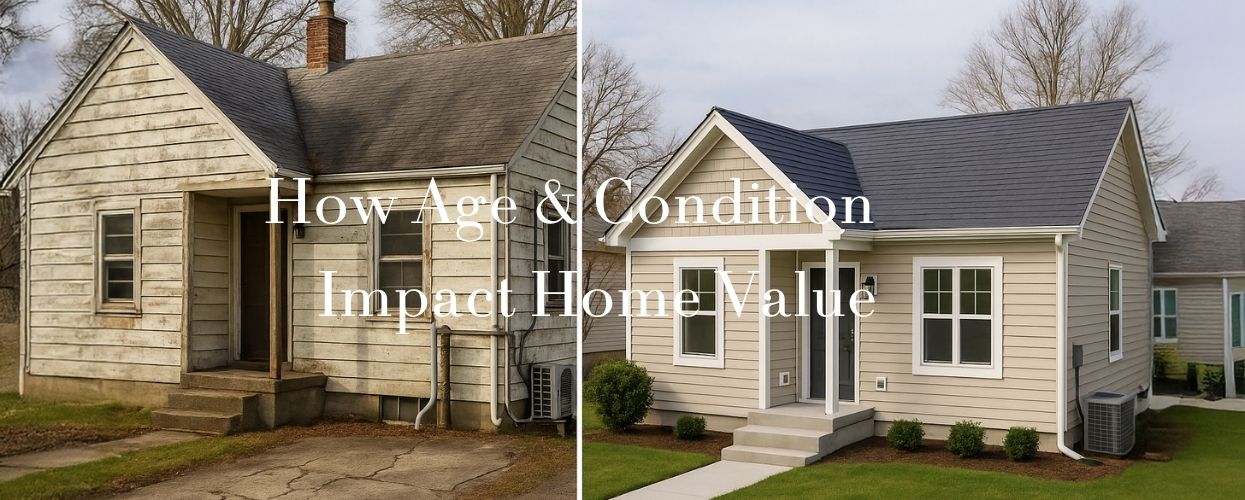 Side-by-side comparison of an old, worn home and a newly renovated one, showing how age and condition affect home value.