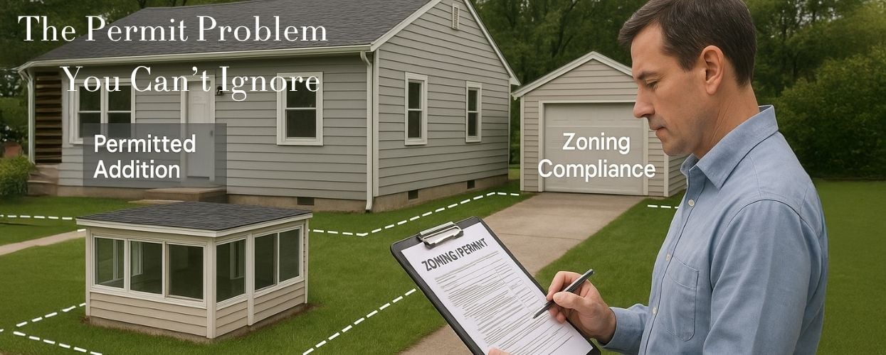 Inspector reviewing zoning permit near a home with labeled additions, showing legal and zoning impact on home appraisals.