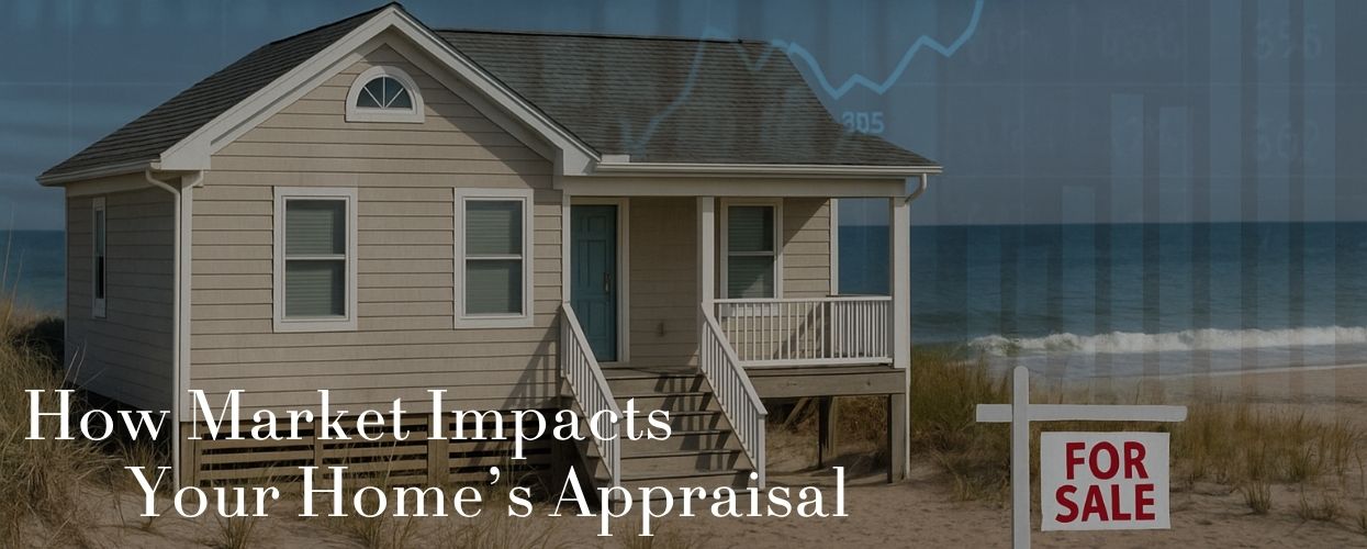 Beachfront home with a For Sale sign and stock chart overlay, representing market conditions affecting home appraisals.
