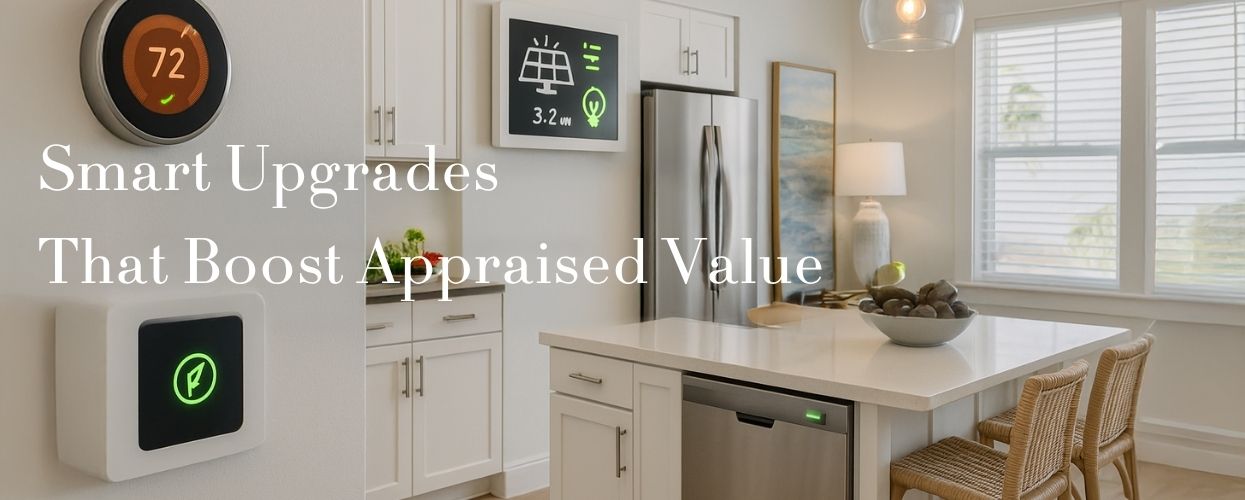 Modern kitchen with smart thermostat, solar monitor, and energy-efficient appliances highlighting features that raise home value.