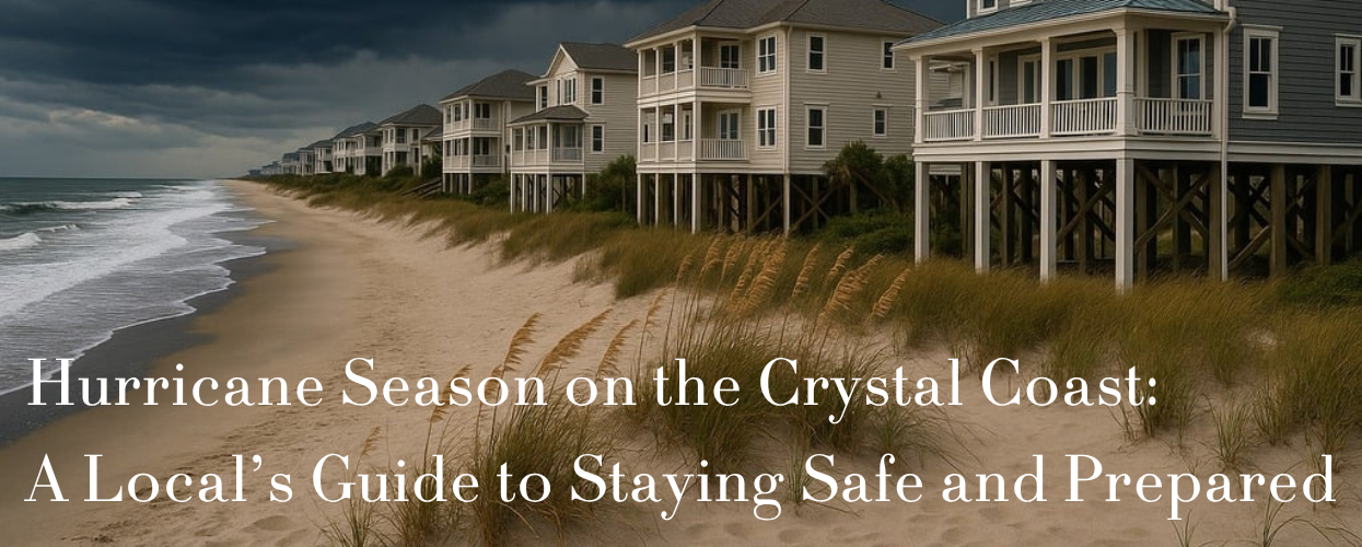 Beachfront homes on stilts under storm clouds, showing hurricane season on the Crystal Coast.