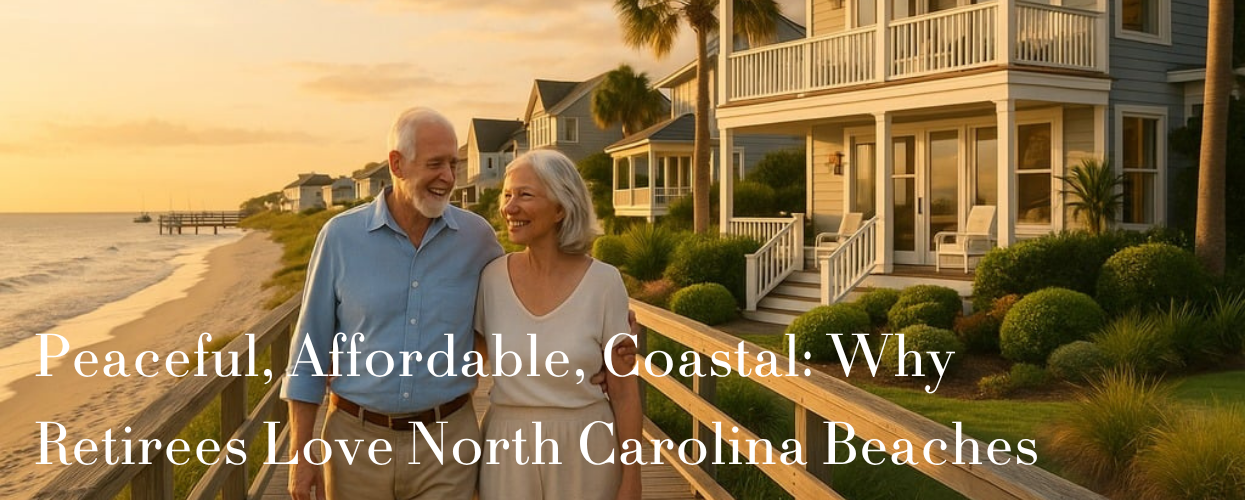 Senior couple walking on a boardwalk by coastal homes at sunset in North Carolina.