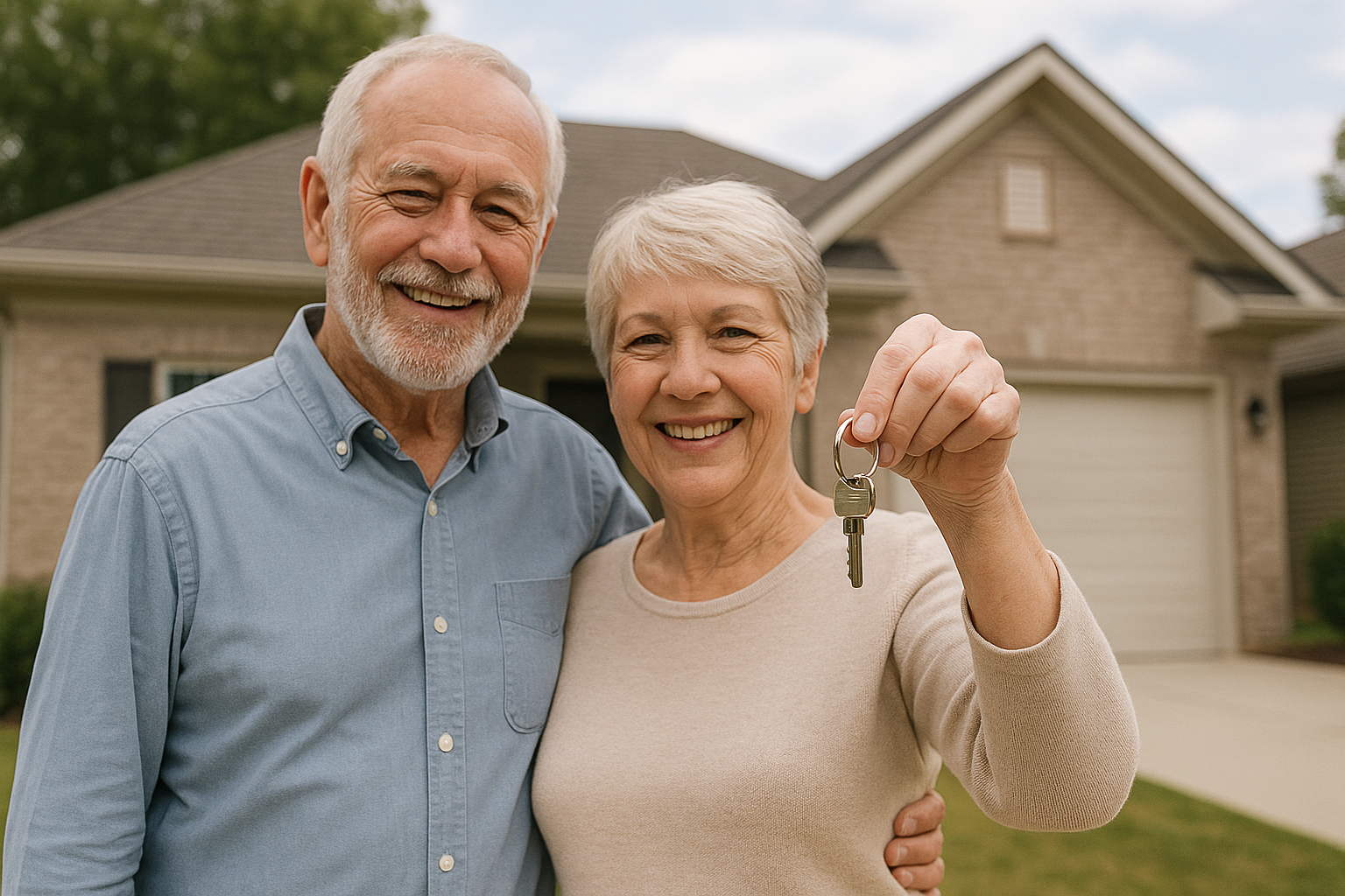 Older couple holding keys in front of new home after retirement, smiling and happy with mortgage advice.