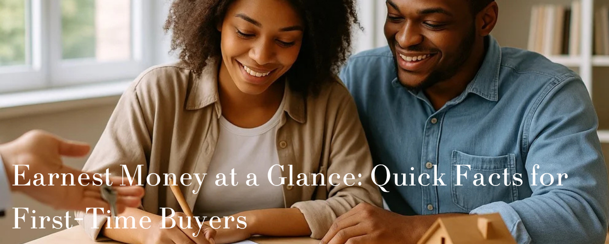 First-time homebuyers signing earnest money agreement with keys and house model on table.