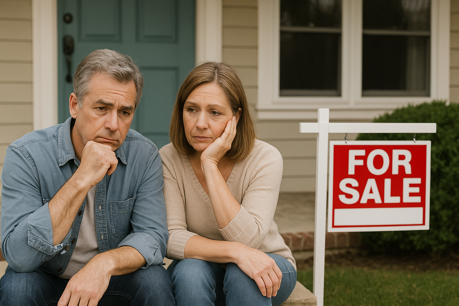 Older couple embraces in empty home, considering selling instead of renovating.