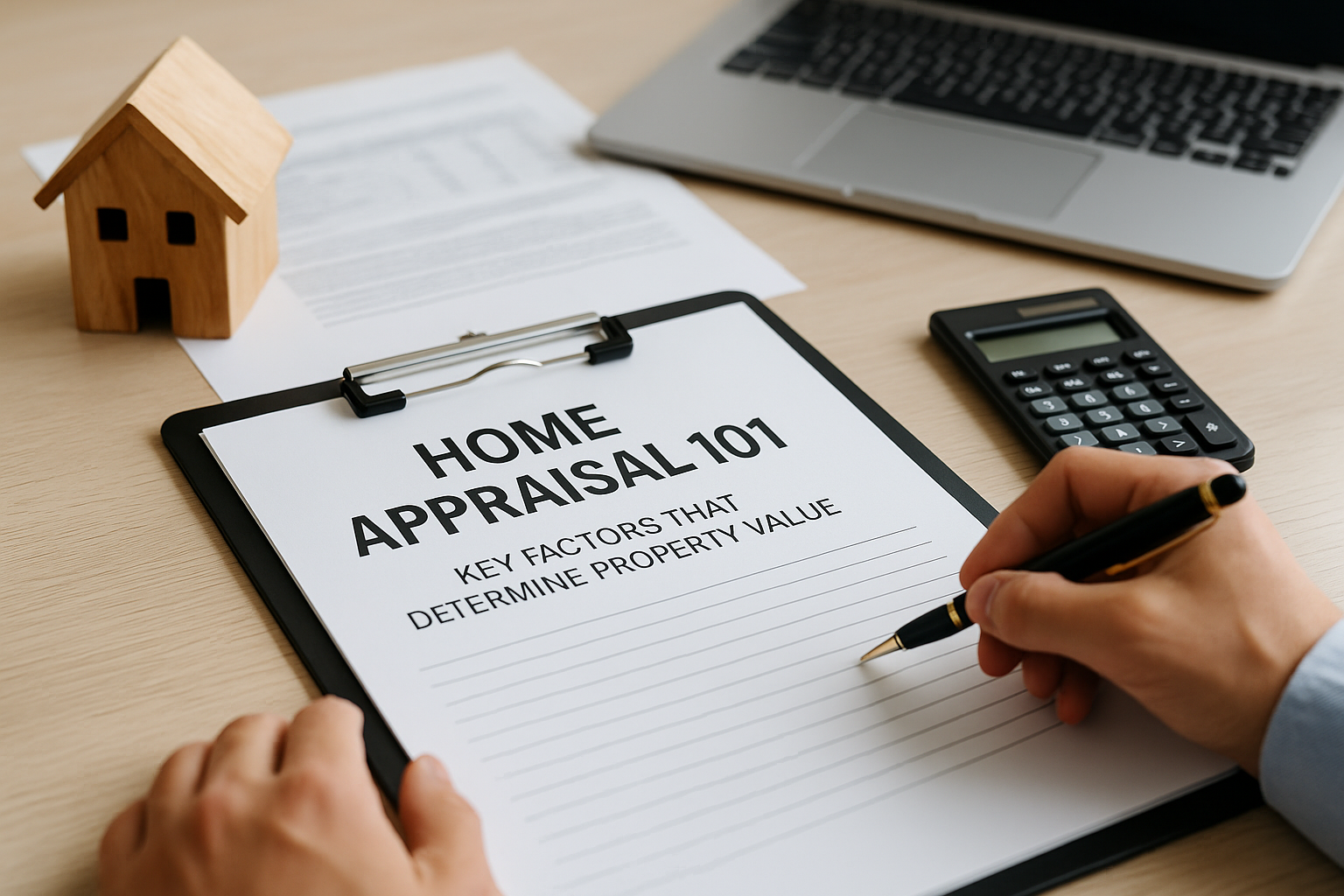 Desk with home appraisal documents, laptop, and calculator for property valuation