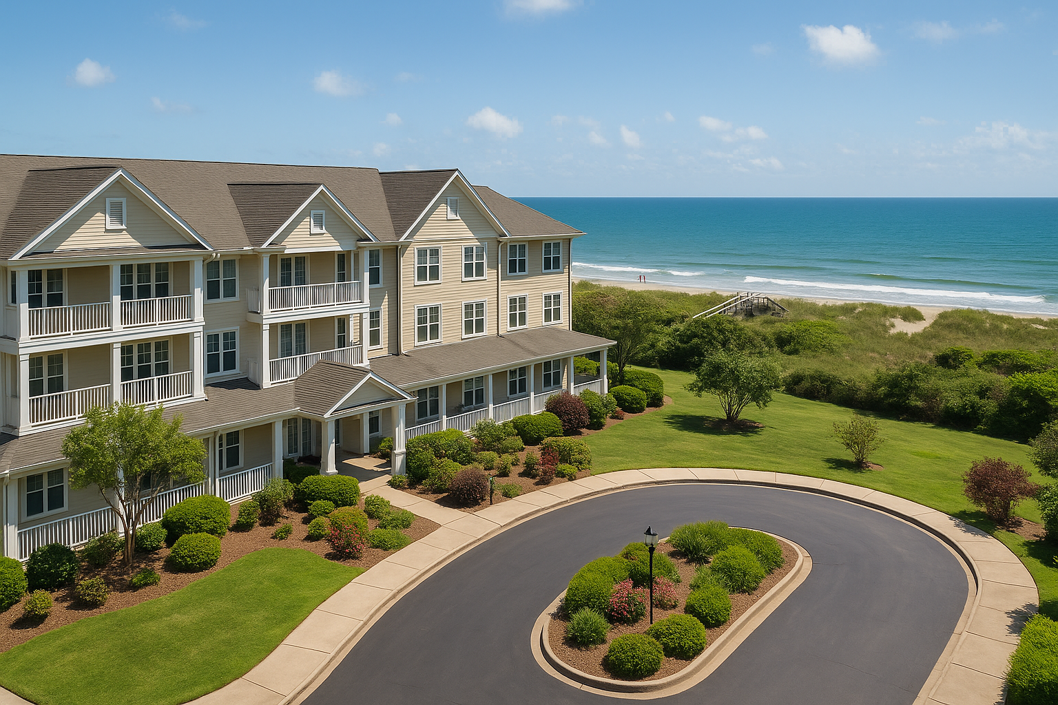 Coastal retirement home with ocean view and landscaped grounds in North Carolina.