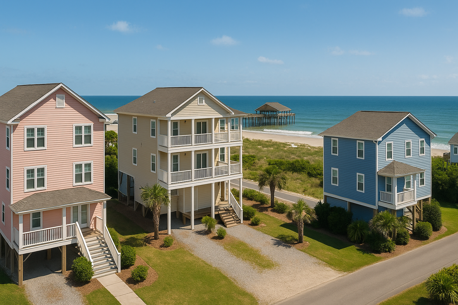 Colorful coastal homes near beach and pier in top North Carolina investment property location.