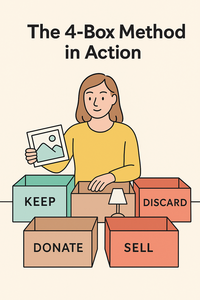 Illustration of the 4-box decluttering method with labeled boxes: Keep, Donate, Sell, Discard.