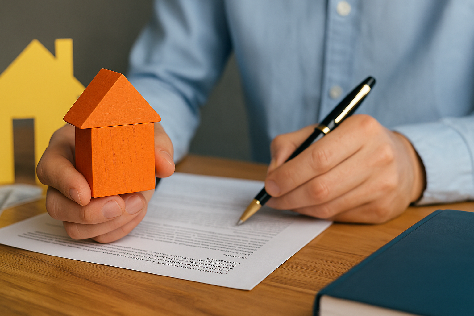 Person holding a toy house over homebuying documents, symbolizing risks of buying without an agent.