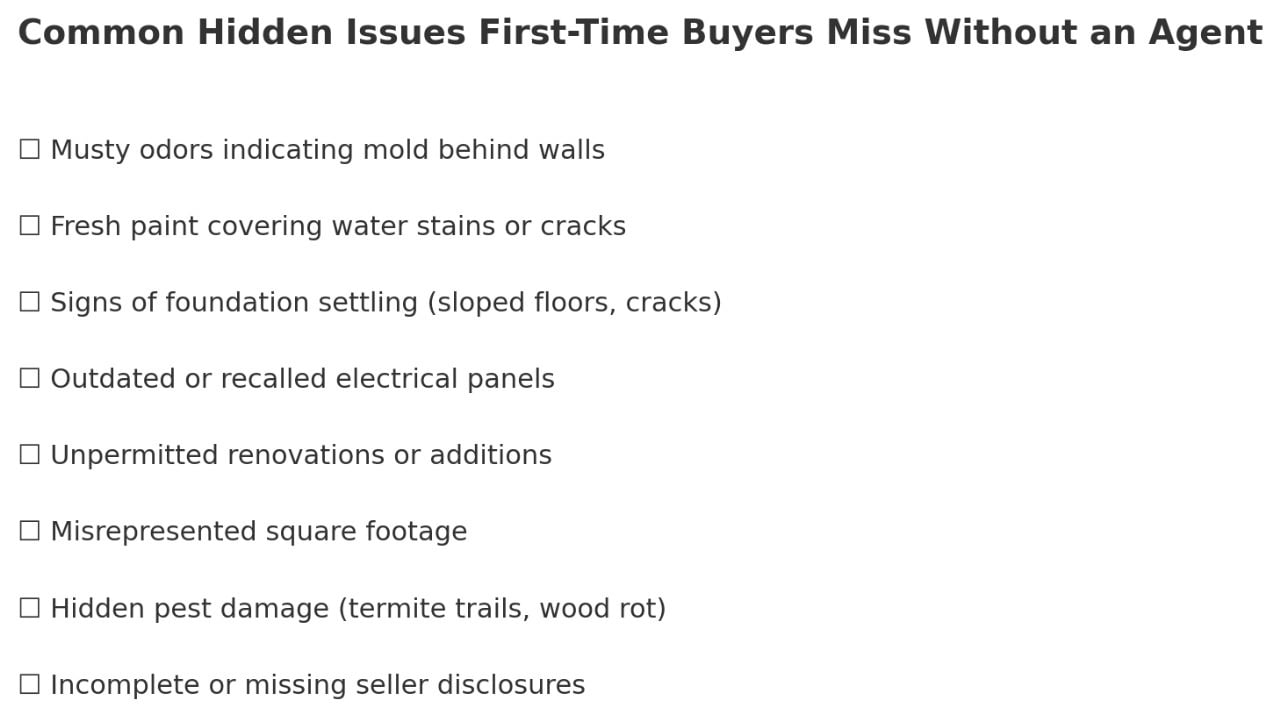 Checklist of hidden home issues first-time buyers often miss without a real estate agent.
