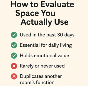 Checklist for evaluating home space use, with tips to identify essential or unused areas.