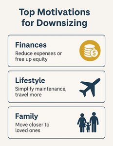 Top reasons for downsizing: finances, lifestyle, and family motivations with icons.