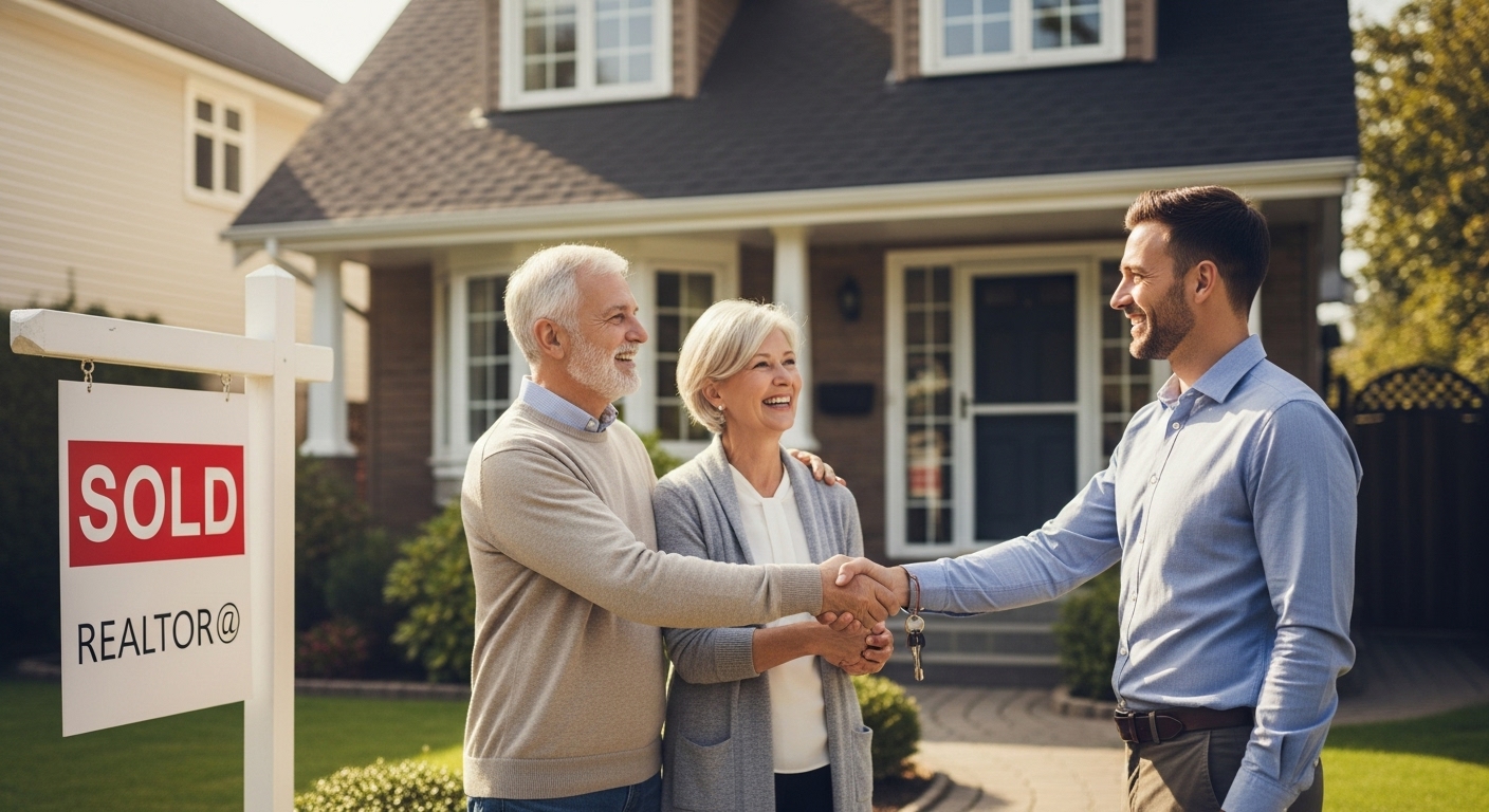 Happy NC homeowners shaking hands with realtor after selling home fast