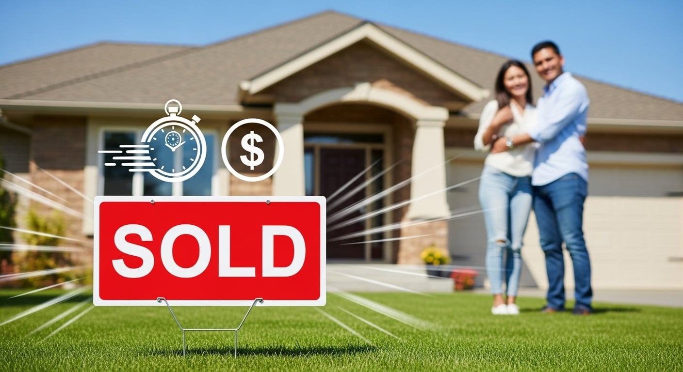 Happy NC home sellers celebrating fast cash offer sale with SOLD sign in front yard